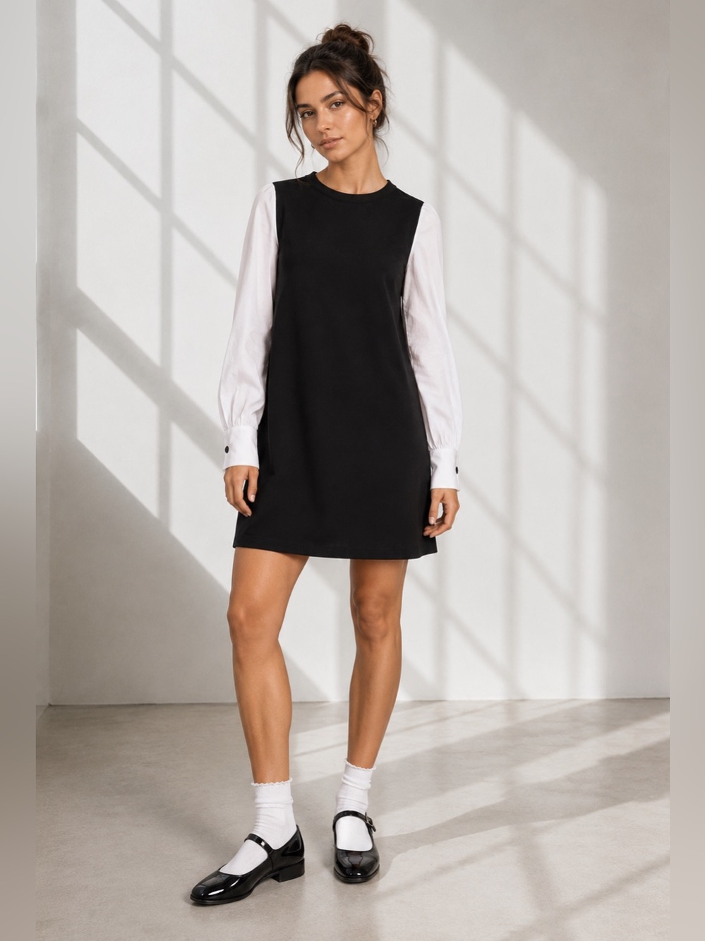 Zara Black Dress with White Sleeves - Long Sleeve Colorblock